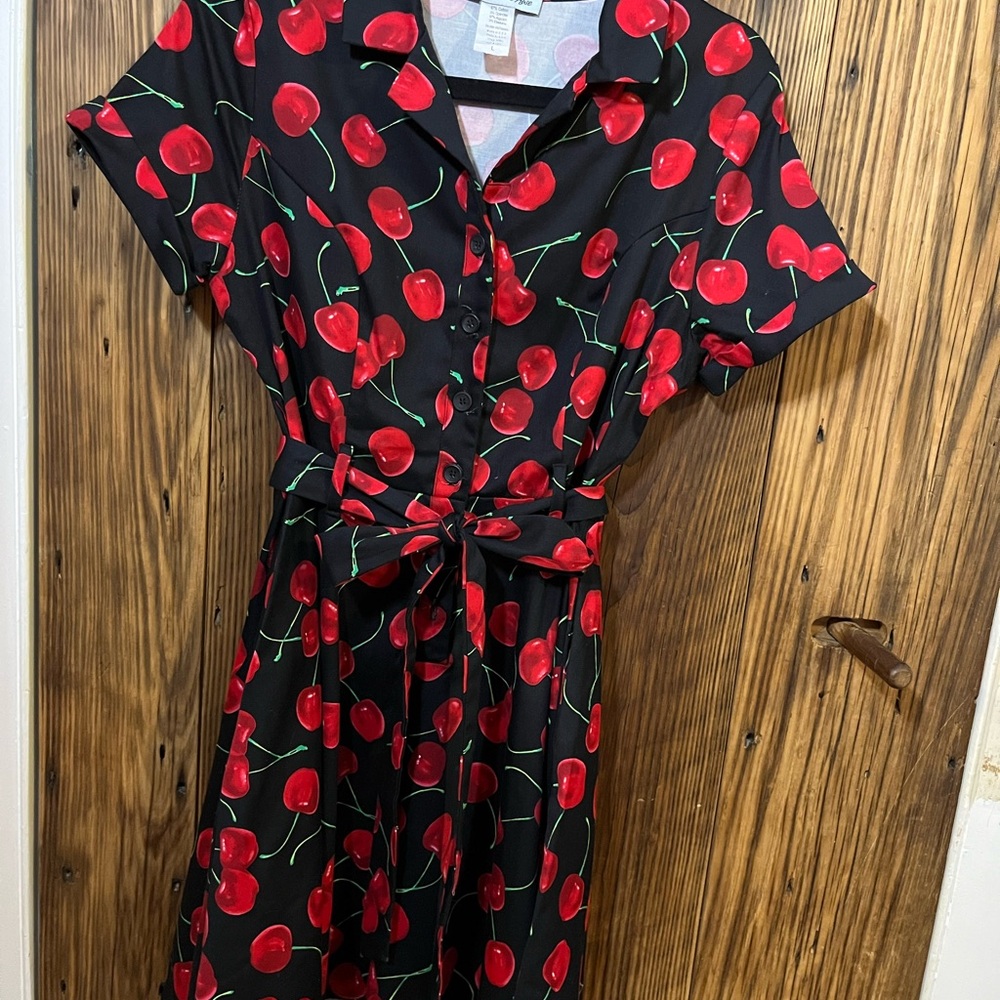 Eva Rose Black Cherry Print Midi shirt Dress size L